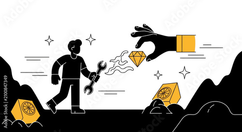 Giant Hand Taking Diamond from Worker Concept Illustration