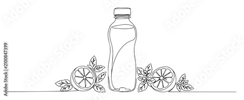 Canvastavla Bottle with citrus and mint leaves monoline vector