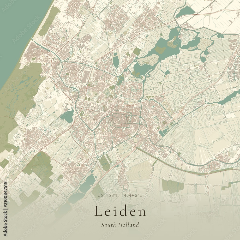 Fototapeta premium Vintage Canvas Map of Leiden, Netherlands | Scandinavian Wall Art | Historic Topographic