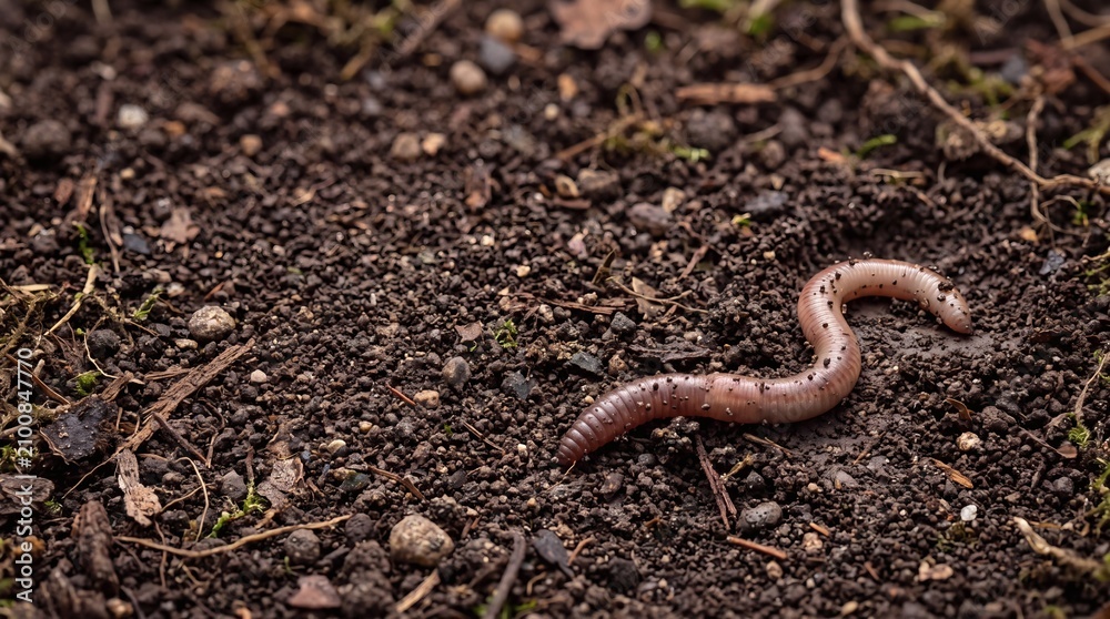 Fototapeta premium Earthworm crawling on dark fertile soil
