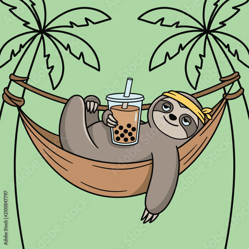 Принти на полотні Relaxed sloth wearing headband enjoying a refreshing drink in a tropical hammock