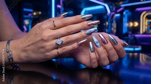 Close-up of hands with metallic nails in futuristic neon setting
