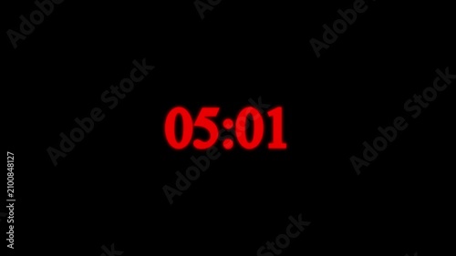 5 minutes countdown digital clock timer animation.4K countdown animation, 5 minutes displays a timer counting down minutes and seconds