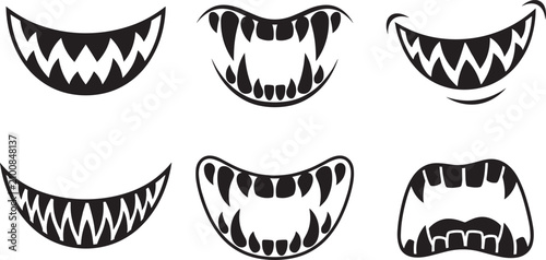 Fotografía Six black silhouette monster mouths with sharp teeth designs