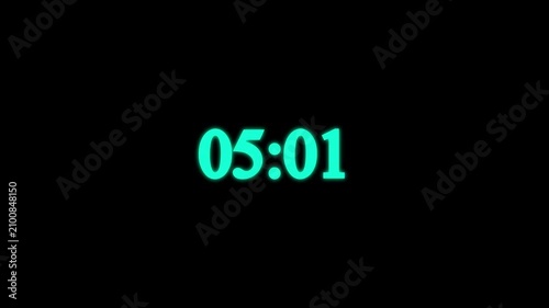 5 minutes countdown digital clock timer animation.4K countdown animation, 5 minutes displays a timer counting down minutes and seconds