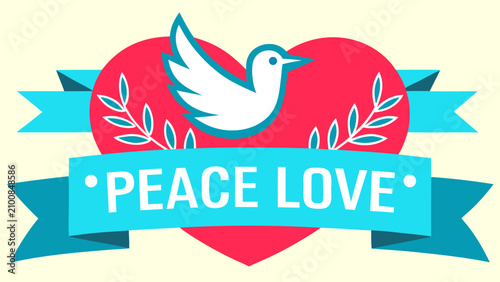 Schilderij op canvas Flat vector illustration featuring a white dove, heart, ribbon, and peace message