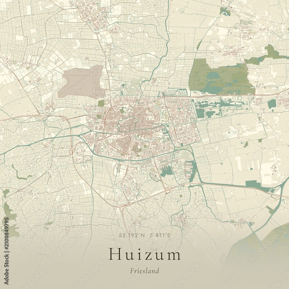 Fototapeta premium Vintage Canvas Map of Huizum, Netherlands | Scandinavian Wall Art | Historic Topographic