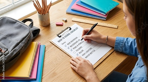 Student Checking Off Back to School Supplies on a Checklist at a Wooden Desk
