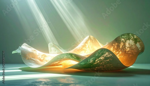 Abstract sculpture of flowing light and organic forms bathed in dramatic rays