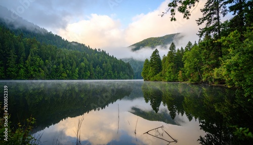 Calm lake reflects forested hills under a cloudy sky. Trees frame the scene