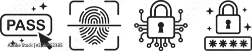Set of cybersecurity icons featuring password entry, fingerprint biometric scan, digital lock, and secure login protection