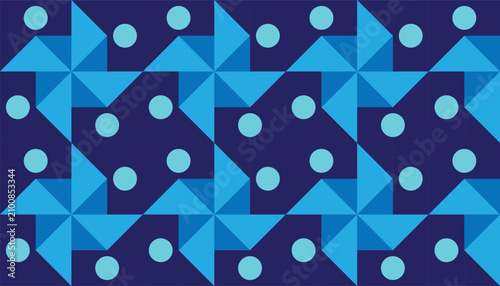 Konstfotografi Seamless geometric pattern with blue pinwheel and circle shapes, retro modern abstract vector background for textile and wallpaper design