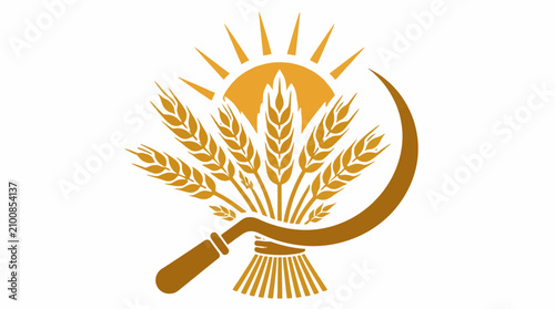 Foto Wheat bundle and sickle tool with sun rays.