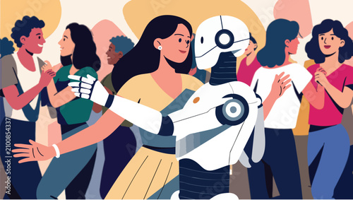 Pixel of a white robot dancing a woman at a social gathering or party event.