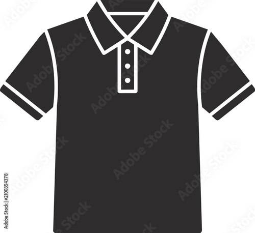 Clean solid black polo shirt icon with short sleeves and buttoned collar, ideal for uniform designs, casual fashion graphics, clothing store branding, and wardrobe planners
