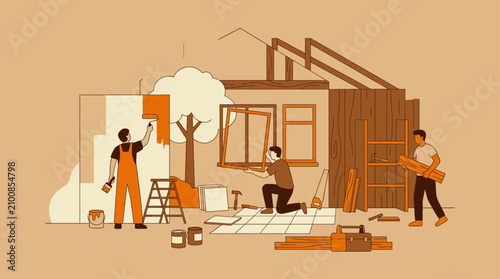 Workers performing interior home renovation and painting tasks.