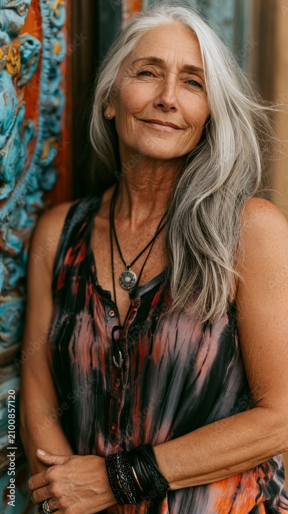 Fototapeta premium Mature woman with long flowing silver hair smiling gently