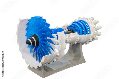 Schilderij op canvas Detailed educational cross section model of a modern turbofan aircraft engine, printed in blue and white plastic using additive manufacturing