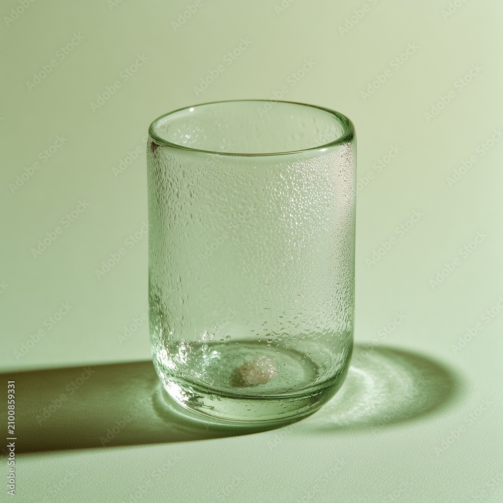 Fototapeta premium Minimalist glass tumbler with subtle condensation on green backdrop