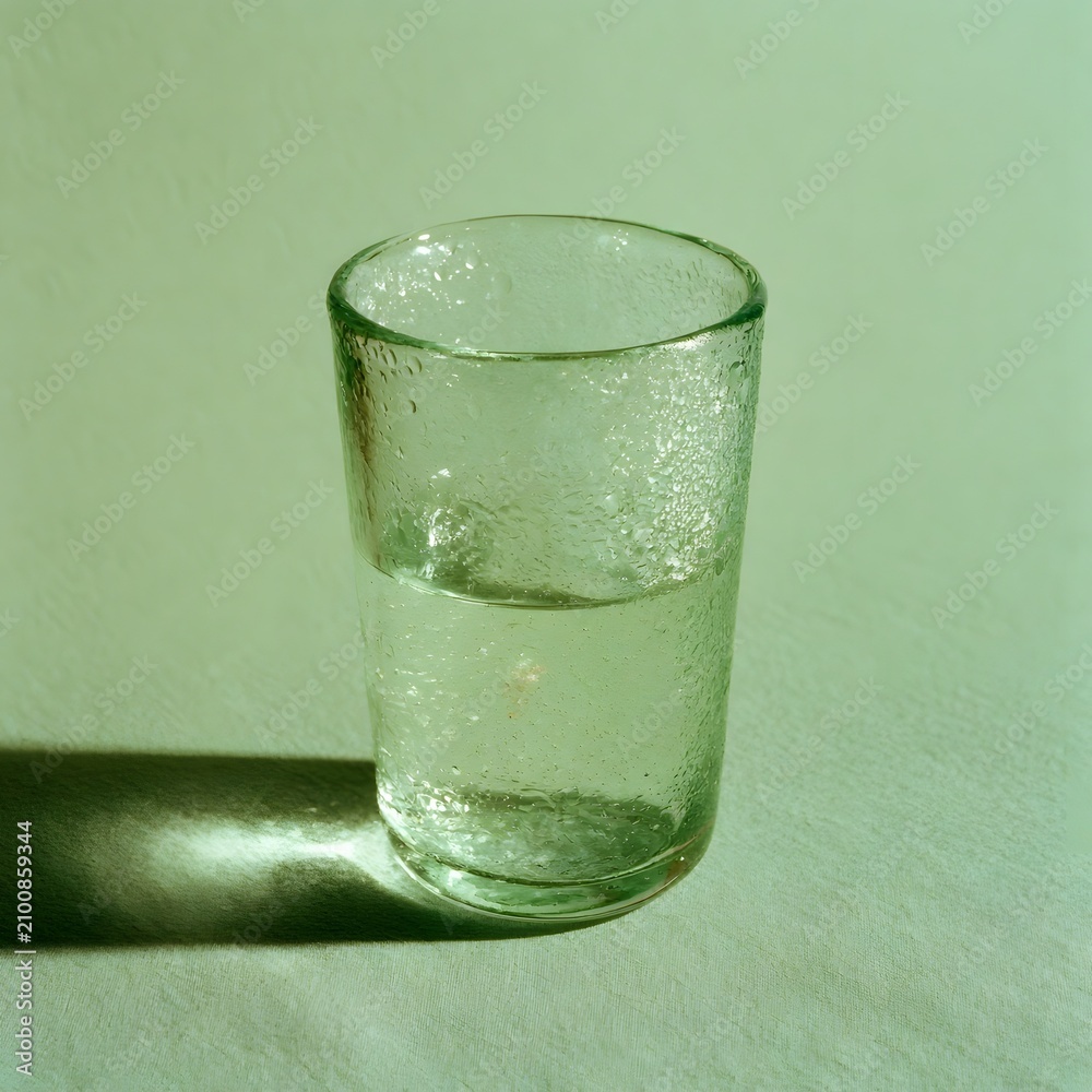 Obraz premium Hand-blown glass tumbler with condensation on sage green backdrop