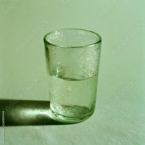 Obraz Hand-blown glass tumbler with condensation on sage green backdrop