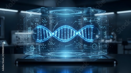 Holographic dna helix display in futuristic laboratory