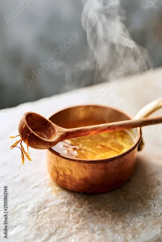 Obraz Saffron threads steeping in copper pot with rustic wooden ladle