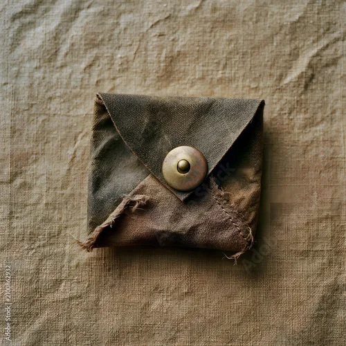 Obraz Overhead flat lay of waxed canvas coin pouch on linen surface