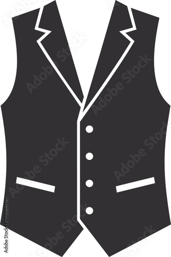 Classic black formal waistcoat icon with lapel collar, buttons, and front pockets, perfect for suit guides, wedding stationery, menswear branding, and dress code graphics