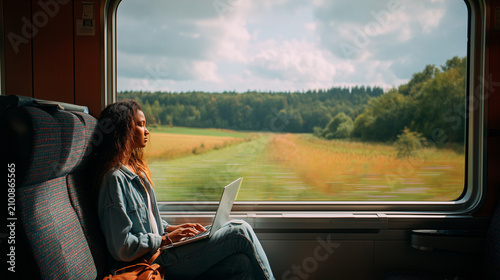 Young woman sitting in a train seat with laptop bag beside her, gazing out passing countryside instead of using devices, travel lifestyle, cinematic photography
