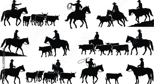 Obraz na płótnie Western Cowboy Cattle Herding Horse Riding Silhouette Collection with Ranch Live