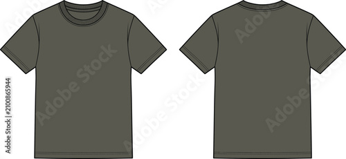 Blank olive green t-shirt mockup vector template front and back view technical fashion sketch for apparel design