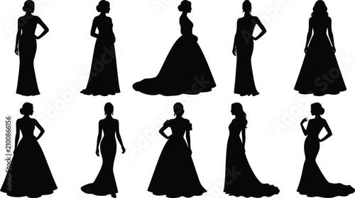 фотографія Collection of elegant black silhouettes featuring women in formal evening gowns