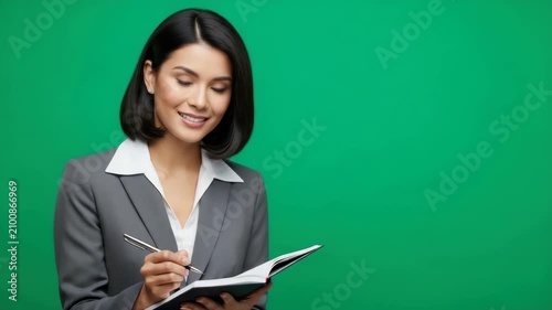 Woman writing in a notebook against a green background