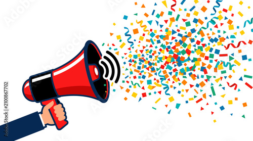 Photos Hand holding red megaphone blasting colorful festive confetti.