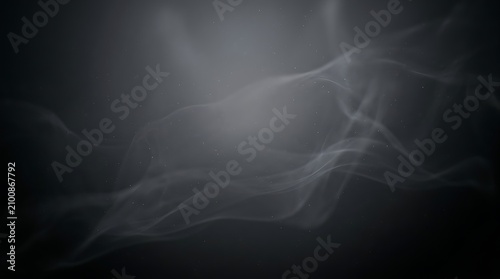 Abstract dark grey smoke flowing across a black background with subtle dust particles creating a mysterious atmosphere for website hero banners