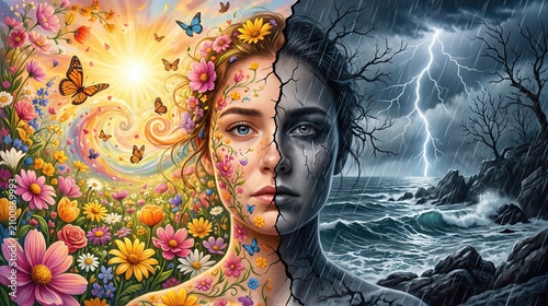 Woman face split between vibrant spring landscape and dark stormy sea. Concept of bipolar affective disorder showing mental health duality. Psychological contrast of mania and depression.