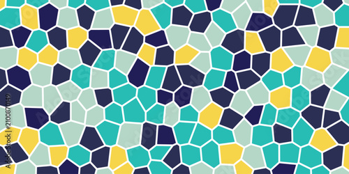 Seamless geometric mosaic pattern with purple and gold shapes, geometric