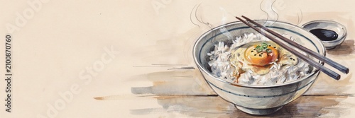 A national dish of Japanese cuisine. 
Tamago kake gohan is a Japanese breakfast. Freshly cooked rice, a raw chicken egg is broken into the center and drizzled with sauce. A banner with space for text.