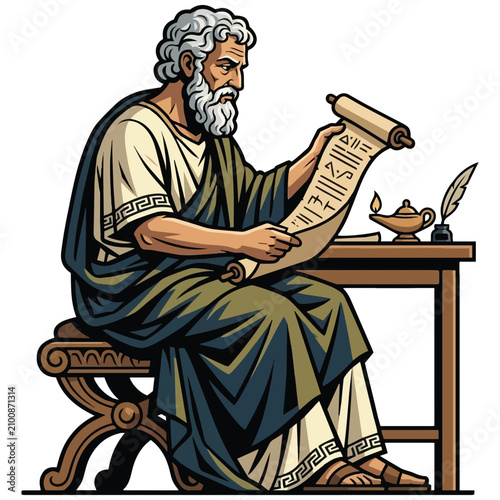 Illustration of an Ancient Greek Philosopher Reading a Parchment Scroll at a Desk with an Oil Lamp