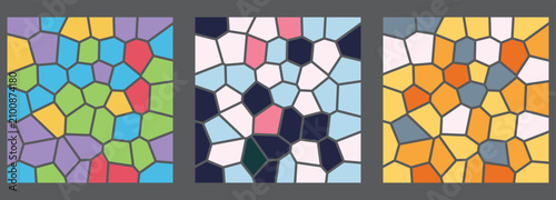 Set of three colorful geometric mosaic texture swatches with geometric