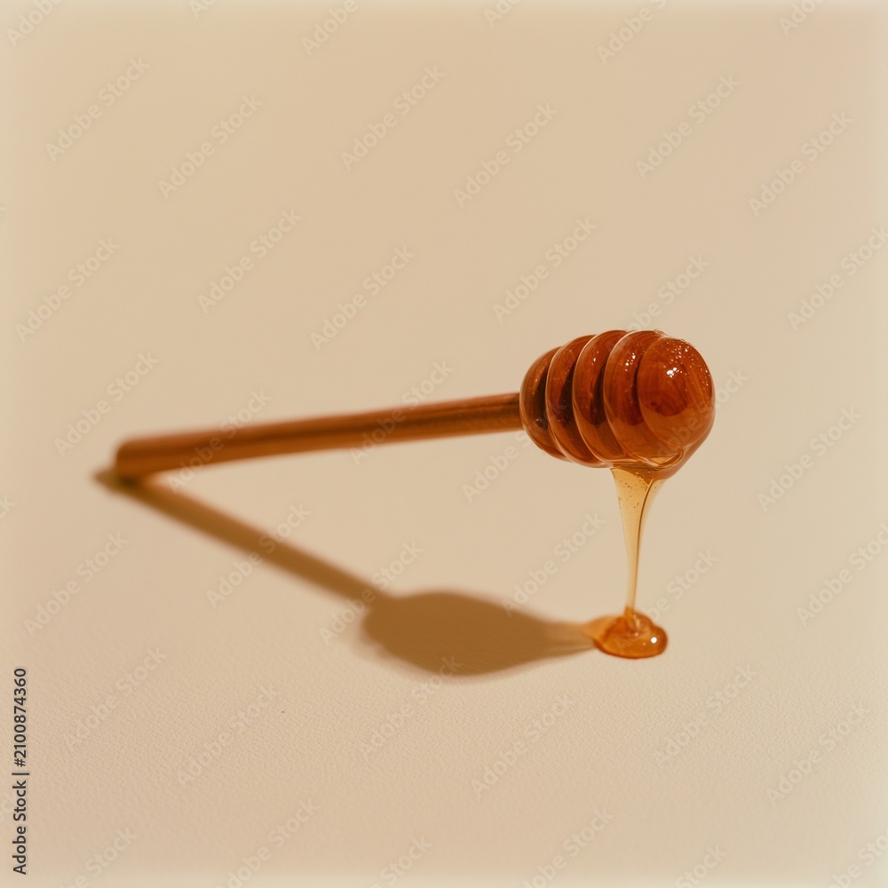 Fototapeta premium Wooden honey dipper close-up with dripping amber honey on soft cream background