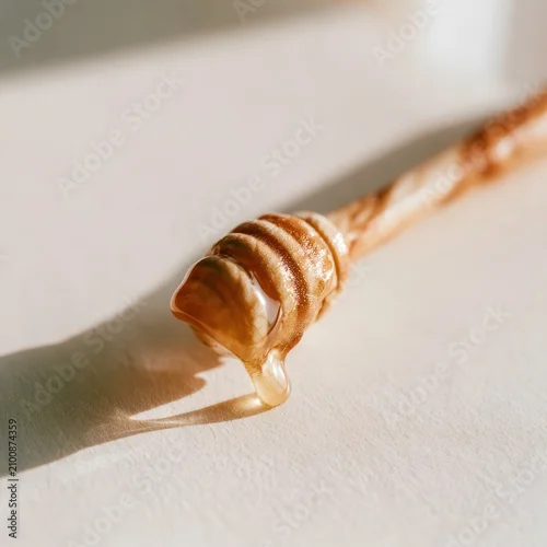 Obraz Hand-carved wooden honey dipper with glistening honey drip on cream backdrop