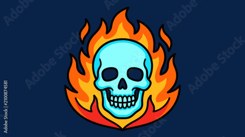 Obraz na płótnie Stylized blue skull surrounded by orange fire flames.