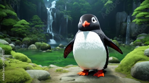Penguin Standing on Rock in Front of Waterfall