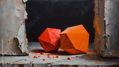 Painting of Two Red and One Orange Umbrellas