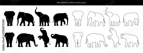 elephant silhouette and outline vector icon pack collection