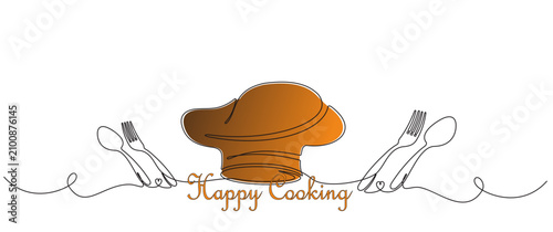 Simple vector web banners, frames, backgrounds, and posters themed around the joy of cooking. Line art illustrations featuring a chef's hat and cutlery, accompanied by the text 