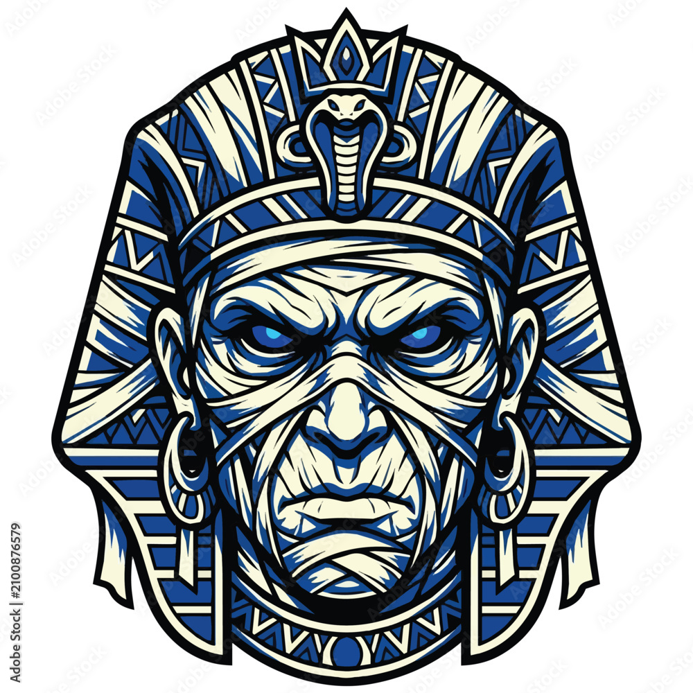 Obraz premium Ancient Egyptian Mummy Pharaoh Vector Mascot Logo with Blue Nemes Headdress