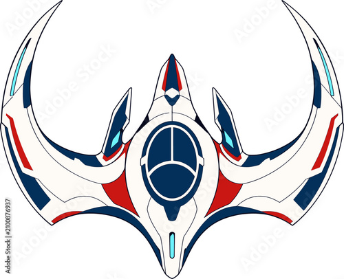 Futuristic white and red alien crescent ship spaceship, sci-fi cartoon vector illustration isolated on white background, top view